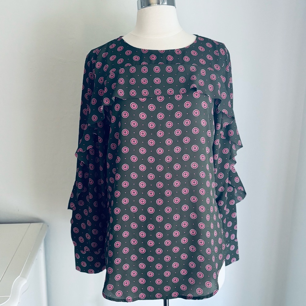 Banana Republic Ruffle Long Sleeve Blouse in Olive Green Pink Medallion Dots, S